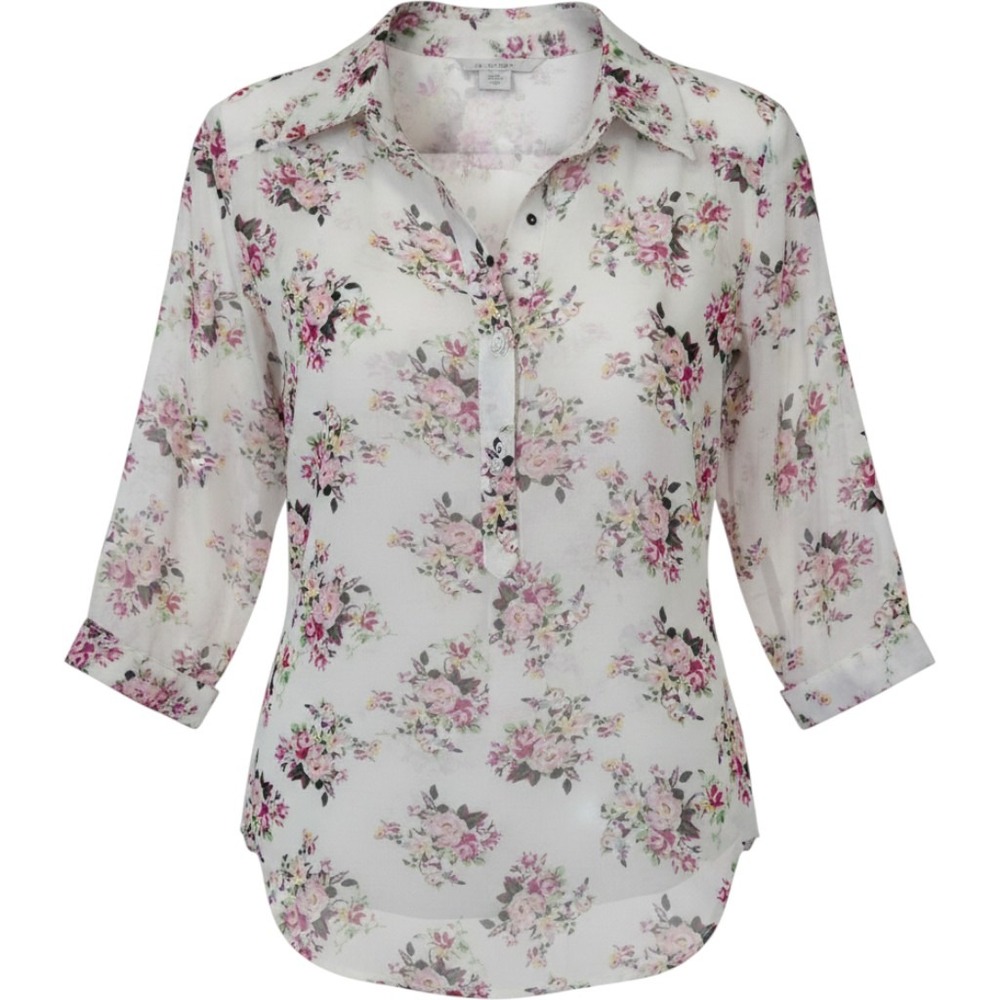 Windsor Soft Romantic Floral Roll‎ Tab Sleeve Sheer Blouse Cream Pink Size Small